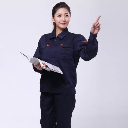 深蓝配桔红色做工作服的款式AC090